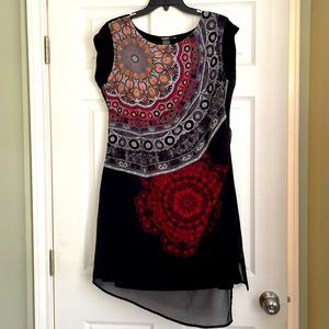 Desigual mix media high/lo sheath dress with shear overlay. Size46/US Size 10/12